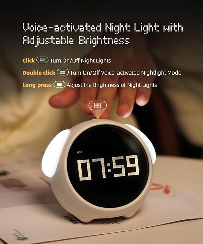 Kids Alarm Clock, Dual Alarm Setting, Adjustable Brightness Night Light, Voice-Activated,Temperature Detection, Wake-up Alarm Clock, Toy and Gift for Toddler, Children, Students, Boys&Girls - Image 5