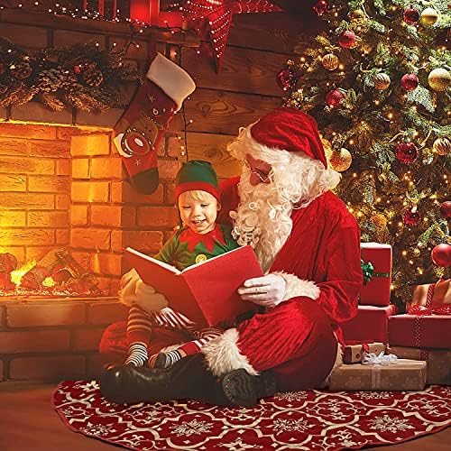 Red Flannel Tree Mat, 48 inches Large with Gilded Christmas Patterns Skirt for Xmas Tree Holiday Party Decorations Indoor Outdoor with 1 Christmas Stocking - Image 4