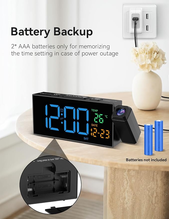 Netzu Projection Clock for Bedroom Ceiling, Digital Clocks with 180° Rotatable Projector, Date Temperature and Weekday Blue - Image 7