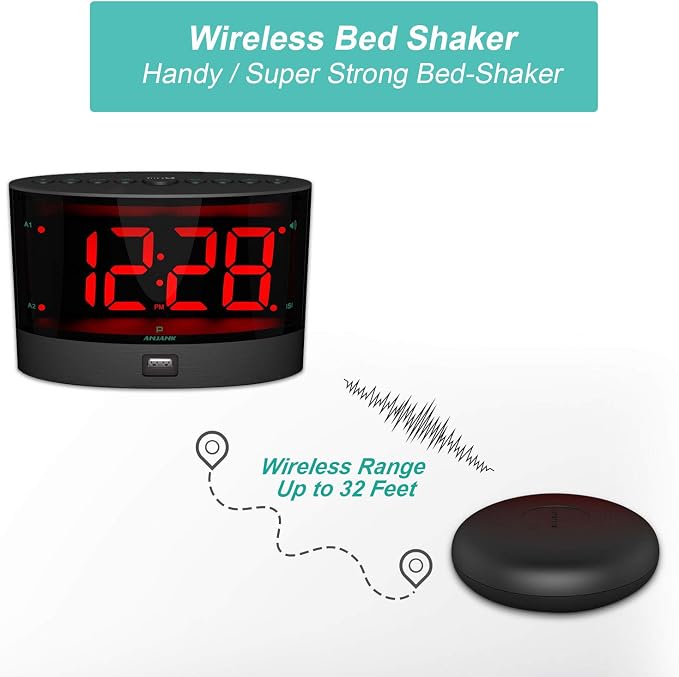 ANJANK Extra Loud Alarm Clock for Heavy Sleepers, Wireless Bed Shaker, Vibrating Dual Alarm, Deaf and Hearing-impaired, Adjustable Volume/Dimmer/Wake up Mode, USB Charger Port - Image 2