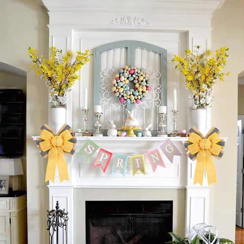 2 PCS Spring Summer Wreath Bow Decor,Decorative Bow with Yellow Burlap and Black White Stripe Ribbon for Holiday Tree Topper Home Front Door Outdoor - Image 6