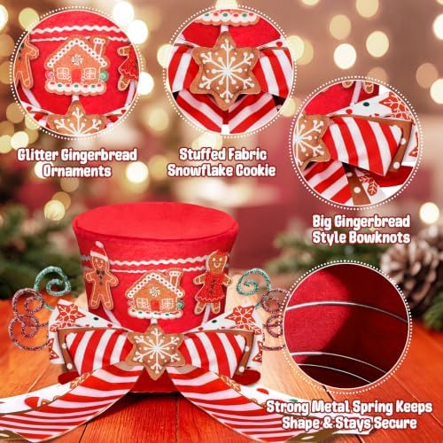 CiyvoLyeen Gingerbread Christmas Tree Topper Red Top Hat with Candy Cane - Image 3