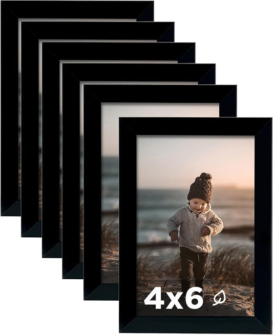 KINLINK 4x6 Picture Frame Black Set of 6, Wooden Photo Frames with Plexiglass for 4x6 without Mat for Table and Wall Display