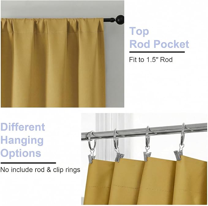 Simplebrand Ava Bright Gold Blackout Curtains for Bedroom 63 Inch Length 2 Panels Set, Privacy Thermal Insulated Rod Pocket Door Window Curtains for Patio French Door Front Door, W40 x L63 Inch
