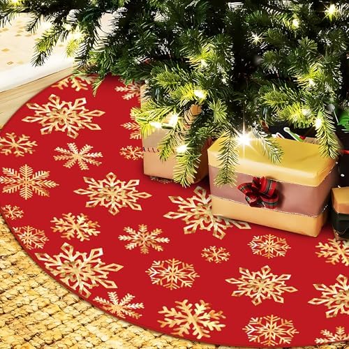 48 Inch Christmas Snowflake Tree Skirt Gold Snowflake Red Christmas Tree Skirt Large Red Round Xmas Trees Mat with Gold Snowflakes for Winter Holiday New Year Party Xmas Trees Home Decor - Image 5