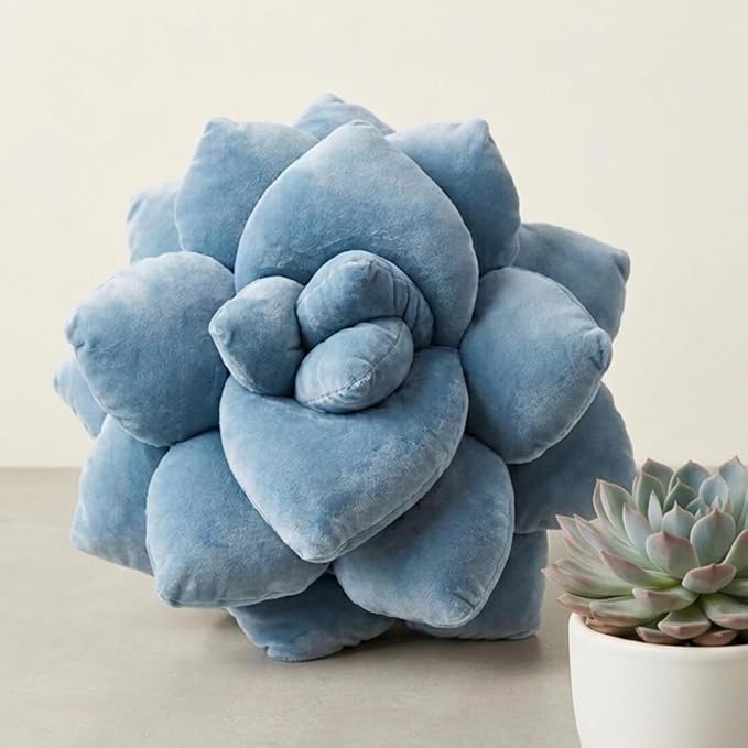 Green Philosophy Co. Succulent® Pillow 16" – Soft 3D Flower Shaped Throw Pillow, Smokey Blue Plush Succulent Pillow for Couch & Bedroom Decor, Cute Plant Lover Gift