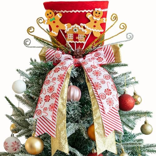 Christmas Tree Topper Hat, Gingerbread Man Christmas Tree Topper, Tree Topper Christmas Decorations with Bow Ribbon Christmas Tree Ornaments for Home Xmas Décor by MOSHAKALA