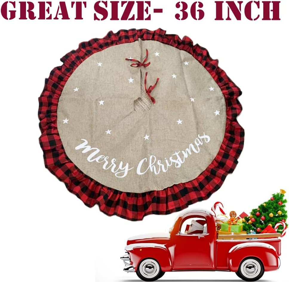 36 Inch Christmas Tree Skirt Linen Burlap Buffalo Plaid Edge Decoration for Merry Christmas Party Red and Black Buffalo Christmas Tree Skirt Decorations - Image 6