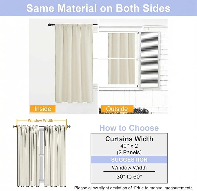 Simplebrand Ava Light Beige Short Light Filtering Curtains for Bedroom 45 Inches Long 2 Panels Set, Solid Thermal Insulated, Energy Saving Window Treatment Curtains Light Filtering, W40 x L45 Inch