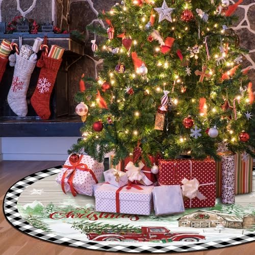 Blosssound Christmas Tree Skirt Buffalo Plaid Retro Red Truck Xmas Tree Skirt for Winter Holiday Farmhouse Christmas Party Decoration(48 Inch,Truck,Black White) - Image 6