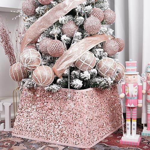 Christmas Tree Collars for Atificial Trees, 24 Inch Sparkling Sequins Christmas Skirt, Base Cover,Holiday Home Decor Ring(Rose Gold,Medium) by SunshineDecor