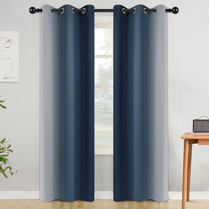 COSVIYA Grommet Ombre Room Darkening Curtains 84 inch Length, Navy Blue and Greyish White Gradient Drapes Light Blocking Insulated Thermal Window Curtains for Bedroom/Living Room,2 Panels,42x84 inches