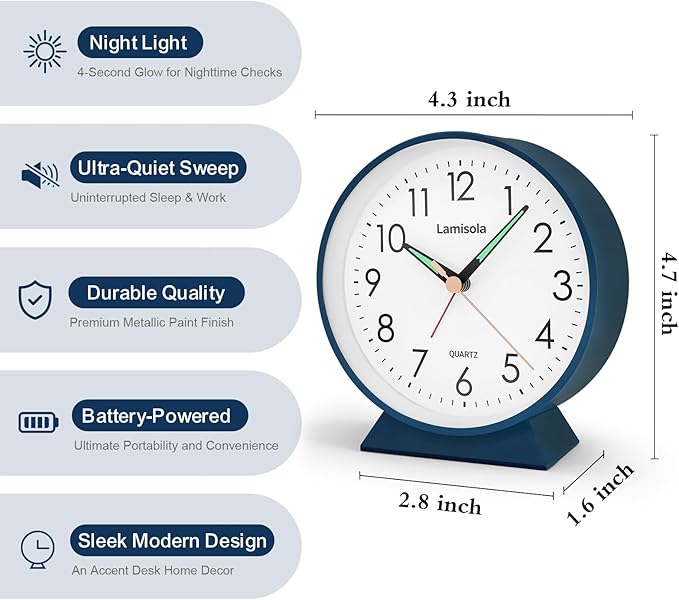 4.5 Inch Small Silent Analog Alarm Clock, Retro Battery Operated Desk Clock with Night Light Stays On 4 Seconds Vintage Metal Table Clock for Bedside, Bedroom, Office, Bathroom - Navy Blue
