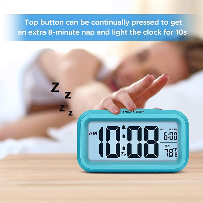 Peakeep Night Light Digital Alarm Clock Battery Operated Indoor Temperature | Small Cordless Cute Clock for Bedroom Desk Travel, Simple to Use for Teens Kids (Blue) - Image 3