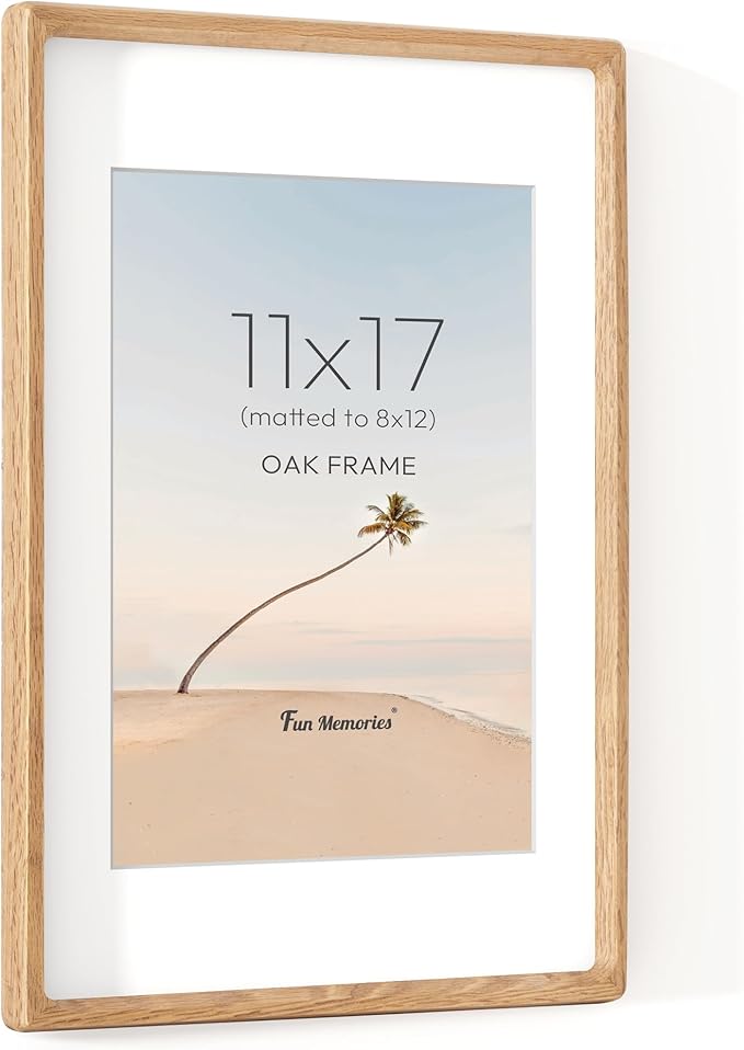 11x17 Picture Frame, USA-Sourced Oak Wood Photo Frames with HD Tempered Glass, Handcrafted Rounded Corner 11 x 17 Wooden Frame Matted to 8x12 Photos, 11x17 Frames, Tabletop or Wall Display