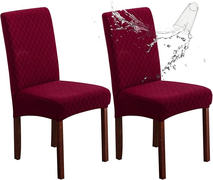 Genina Waterproof Chair Covers for Dining Room, Stretch Jacquard Dining Chair Slipcovers Removable Washable Chair Protector for Kitchen, Hotel, Restaurant (Argyle-Wine Red, 2 PCS)