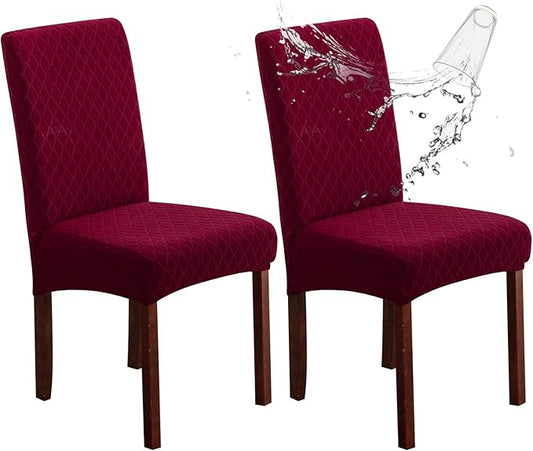 Genina Waterproof Chair Covers for Dining Room, Stretch Jacquard Dining Chair Slipcovers Removable Washable Chair Protector for Kitchen, Hotel, Restaurant (Argyle-Wine Red, 2 PCS)
