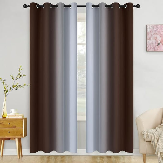 COSVIYA Grommet Ombre Room Darkening Curtains 84 inch Length 2 Panels, Brown and Grayish White Gradient Drapes Light Blocking Insulated Thermal Window Curtains for Bedroom/Living Room,52x84 inches