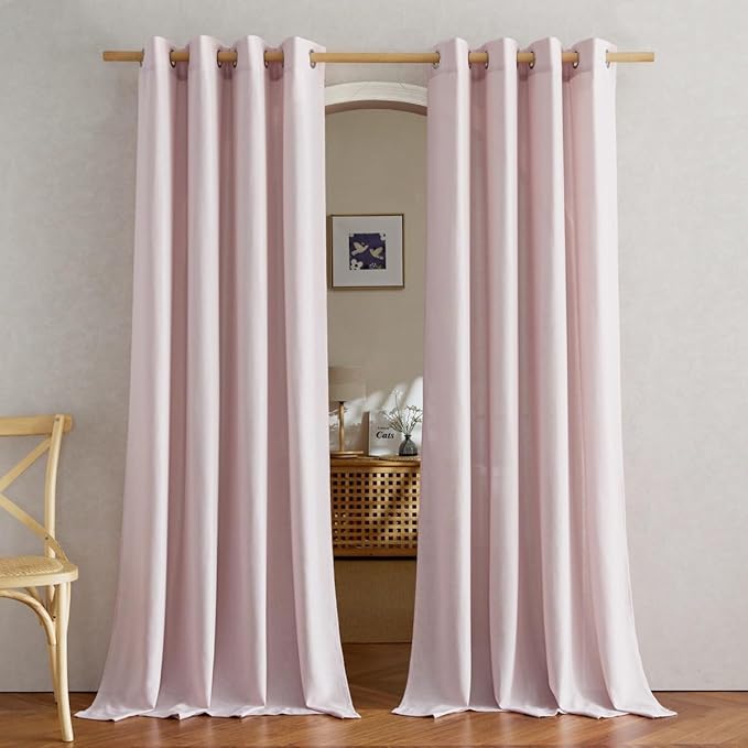 NICETOWN Blush Pink Linen Curtains for Kitchen, Thick Flax Small Window Treatments Semi Sheer Privacy Assured with Light Through for Cafe/Bathroom, W55 x L102, 2 Panels