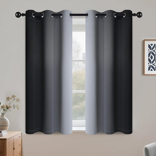 COSVIYA Grommet Ombre Room Darkening Curtains 45 inch Length, Black and Greyish White Gradient Drapes Light Blocking Insulated Thermal Window Curtains for Bedroom/Living Room,2 Panels,42x45 inches