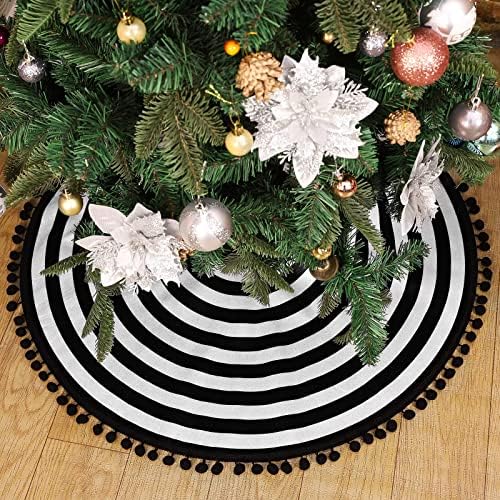 30 Inch Black and White Christmas Tree Skirt with Pom Poms - Image 6