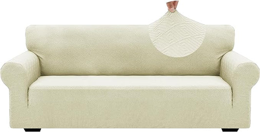 ZNSAYOTX 1 Piece Jacquard Couch Covers for 3 Cushion Couch Living Room High Stretch Sofa Cover Pets Dogs Friendly Anti Slip Thickened Slipcovers Furniture Protector (Large,New Pattern Light Beige)