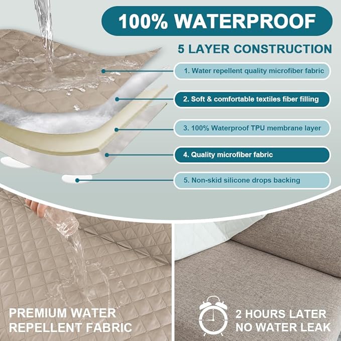 Turquoize 100% Waterproof Futon Cover Futon Slipcover Washable Armless Sofa Bed Slipcover Protector Seat Width Up to 70" with Adjustable Elastic Strap Anti-Slip for Dogs, Khaki