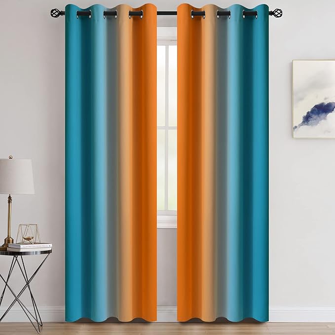 COSVIYA Grommet Ombre Room Darkening Curtains 84 inches Length for Living Room, Polyester Light Blocking Orange and Blue Gradient Window Drapes/Curtains for Kids/Girls Bedroom, 2 Panels, 52x84inches