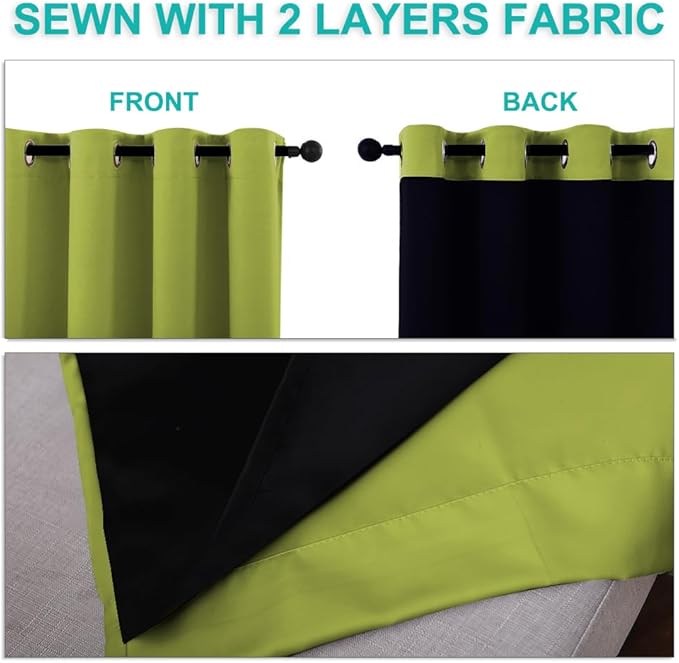 NICETOWN 100% Blackout Curtains with Black Liners, Fresh Green, 2 Panels, 52-inch W by 63-inch L, Thermal Insulated Full Blackout 2-Layer Lined Drapes, Energy Efficiency Window Draperies for Bedroom
