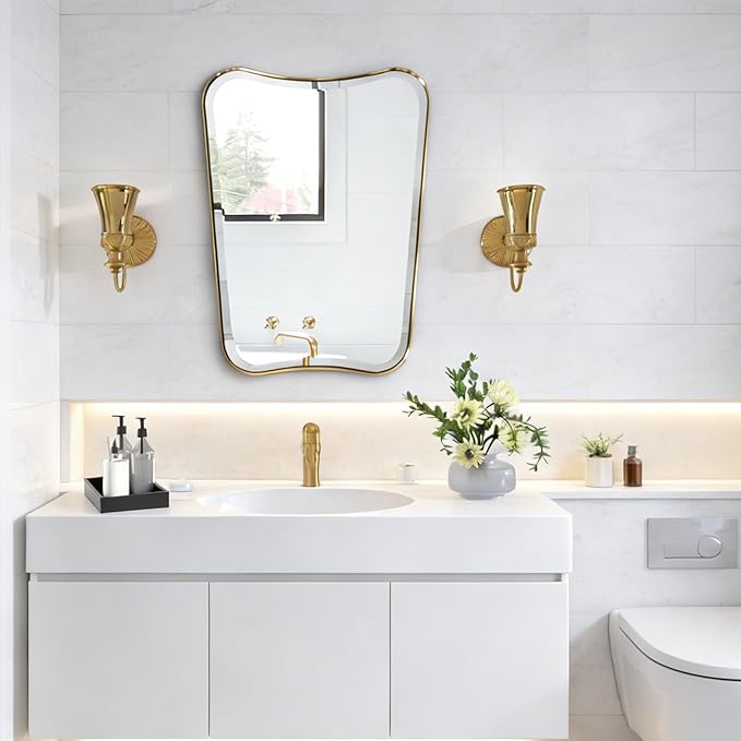 POZINO Brushed Gold Beveled Mirror, 22"x30" Premium Bathroom Vanity Mirror with Stainless Steel Frame, Antique Brass Butterfly Shape Aesthetic Wall Mirrors for Living Room Bedroom Hallway Entryway