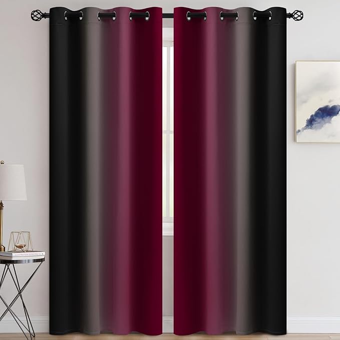 COSVIYA Curtains & Drapes Burgundy Red and Black Curtains 84 inch Length 2 Panels,Full Room Darkening Grommet Insulated Thermal Window Curtains for Bedroom/Living Room,52x84inches