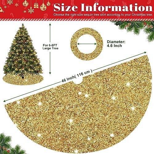 FOTSHARER 46 Inch Gold Christmas Tree Skirt Velvet Sequin Tree Skirt Mat Glitter Xmas Tree Skirts Large for Winter Holiady Luxury Sparkle Tree Cover Skirt for Artificial Trees Christmas Day Supplies - Image 3