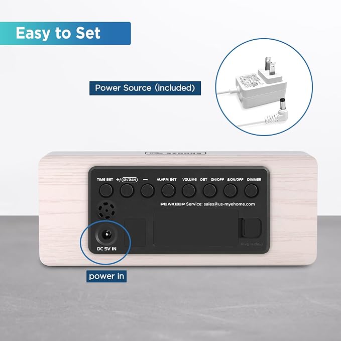 Peakeep Wooden Digital Alarm Clock Large Display, Textured Decoration - Image 7