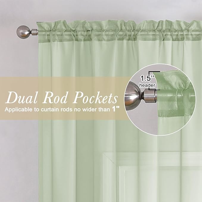 Lecloud Light Green Sheer Curtains 84 Inches Long 2 Panels Set, Airy Voile Window Curtain Panels, Elegant Light Filtering Drapes for Living Room Bedroom Decor with Rod Pocket, Each Panel 42 X 84 Inch
