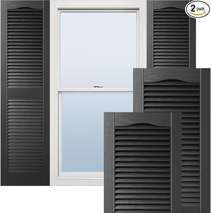 Ekena Millwork Lifetime Vinyl LL1S12X03600BL Standard Cathedral Top Center Mullion, Open Louver Vinyl Shutters, w/Installation Shutter-Lok's & Matching Screws (Per Pair), 12"W x 36"H, Black