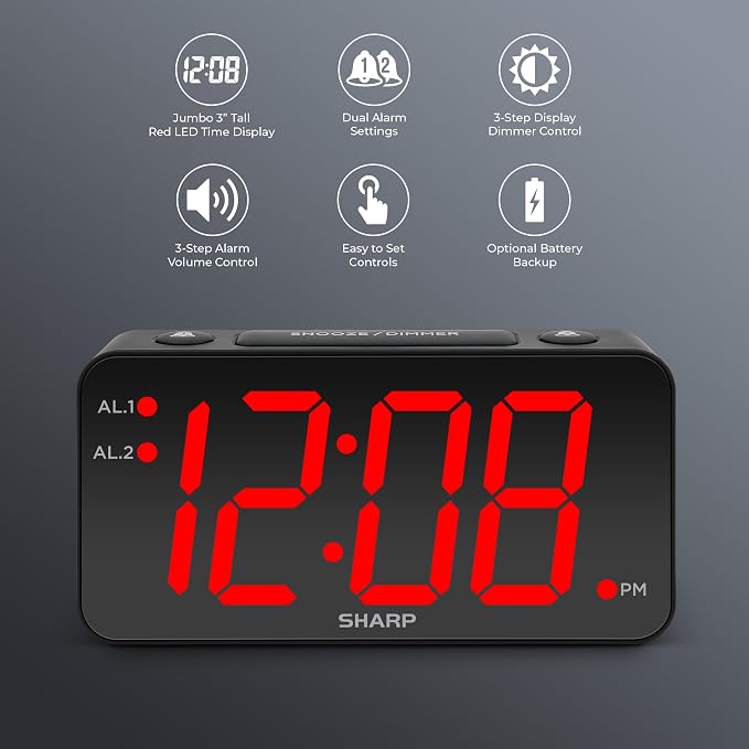 Sharp Digital Alarm Clock, 3" Jumbo Red LED, Dual Alarm, Battery Backup - Image 2