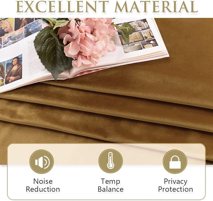 StangH Gold Brown Velvet Curtains 108 inches Long for Living Room, Grommet Thermal Insulated Light Blocking Room Divider Curtains Privacy Window Covering for Bedroom, W52 x L108, 2 Panels