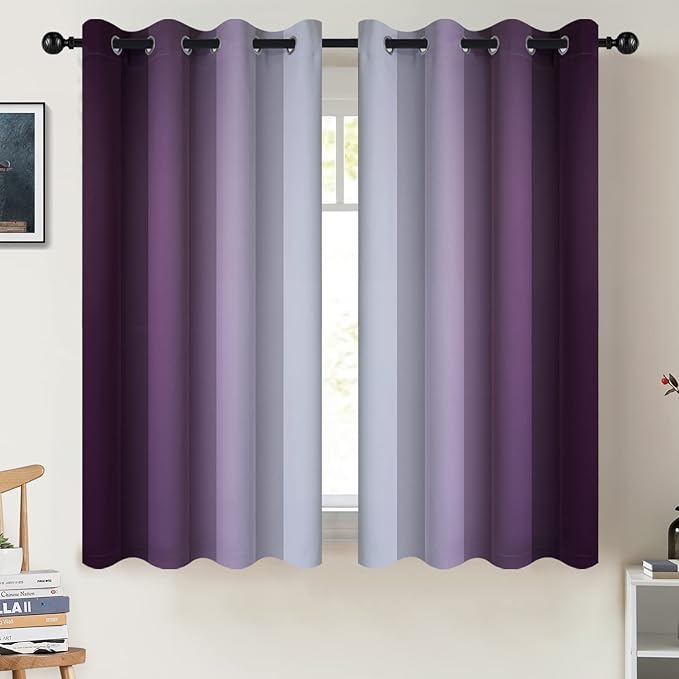 COSVIYA Grommet Ombre Room Darkening Curtains 54 inch Length, Purple and Greyish White Gradient Drapes Light Blocking Insulated Thermal Window Curtains for Bedroom/Living Room,2 Panels,52x54 inches