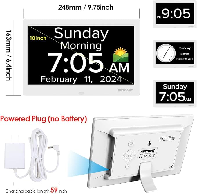 10.1 Inch Digital Alarm Clock with Date and Day of Week for Dementia Seniors, Clear Large Screen, Multiple Alarm Sets, Auto DST, Designed Specifically for Elderly - White - Image 5