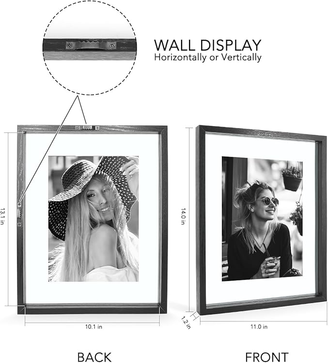 AceList 11x14 Floating Frames, Double Plexiglass Wood Picture Frame, Display Any Size Photo up to 11x14 photos for Desktop or Wall Hanging, Black