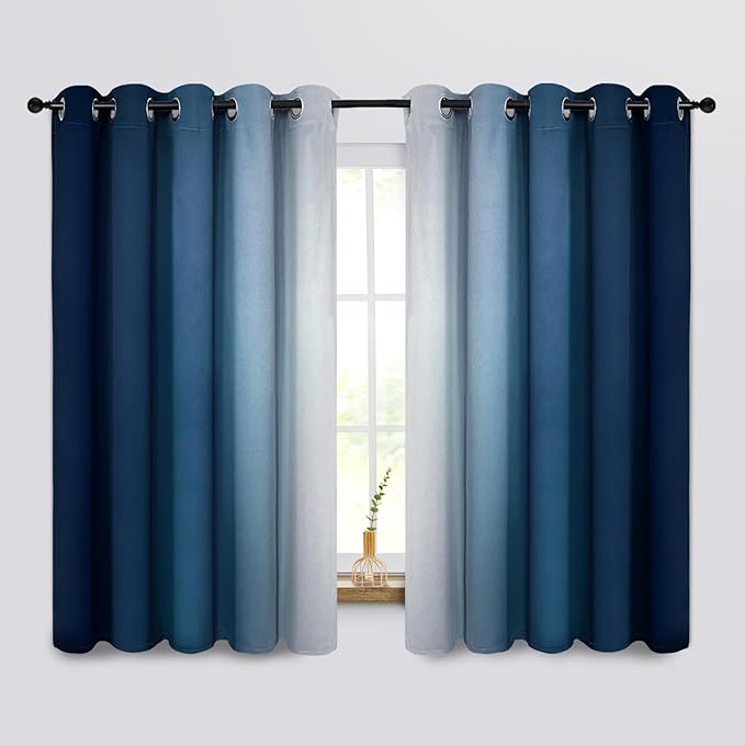 COSVIYA Curtains & Drapes Ombre Blue Curtains 63 inch Length 2 Panels, Grommet Room Darkening Light Blocking Insulated Thermal Gradient Window Curtains for Bedroom/Living Room,62x63 inches