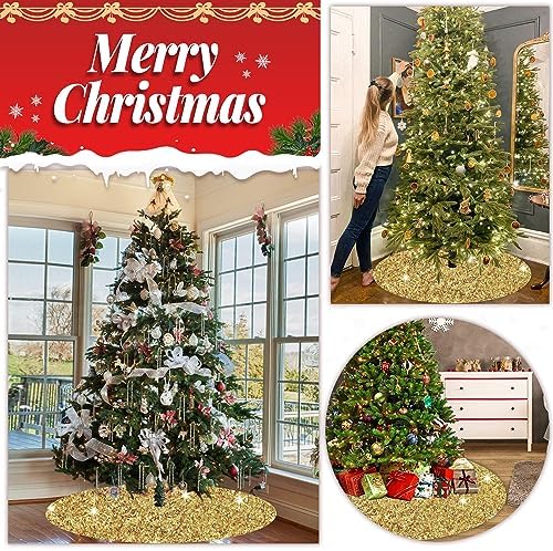 FOTSHARER 46 Inch Gold Christmas Tree Skirt Velvet Sequin Tree Skirt Mat Glitter Xmas Tree Skirts Large for Winter Holiady Luxury Sparkle Tree Cover Skirt for Artificial Trees Christmas Day Supplies - Image 5