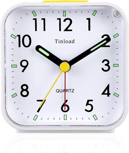 Tinload Small Battery Operated Analog Travel Alarm Clock Silent Non Ticking, Gentle Wake, Ascending Beep Sounds, Snooze,Lighted on Demand, Easy Set(White) by Tinload