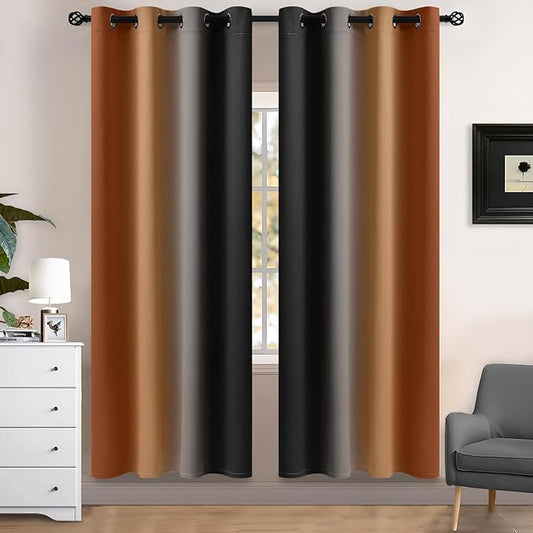 Yakamok Blackout Ombre Burnt Orange and Black Curtains-Gradient Room Darkening Curtain, Grommet Thermal Insulated Light Blocking Window Drapes Curtain for Living Room Bedroom,52 x 72 Inch,2 Panels