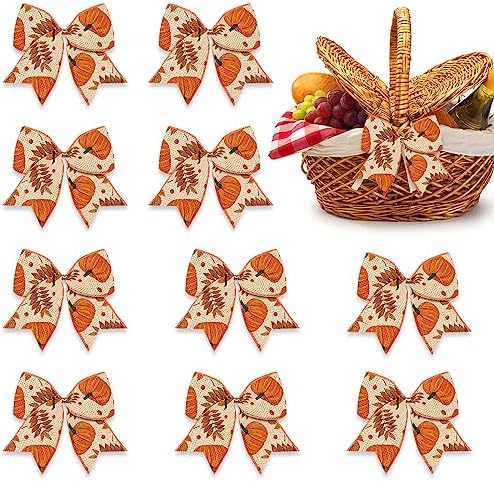 10PCS Fall Wreath Bows Thanksgiving Bows Pumpkin Leaves Rustic Farmhouse Burlap Linen Bows for Wreath, Autumn Ribbon Bows for Thanksgiving Party Home Indoor Outdoor Decoration Wreath Ornament Supplies by On-Airstore