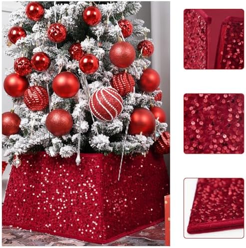 Red Christmas Tree Collars for Atificial Trees,24 Inch Sparkling Sequins Christmas Skirt, Base Cover,Holiday Home Decor Ring(Medium) - Image 2