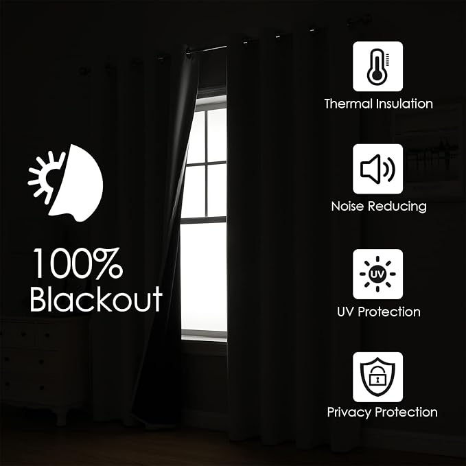 ChrisDowa 100% Blackout Curtains for Bedroom with Black Liner, 2 Thick Layers Total Blackout Thermal Insulated Grommet Window Curtains 2 Panels Set (Burgundy, 52 x 72 Inch)