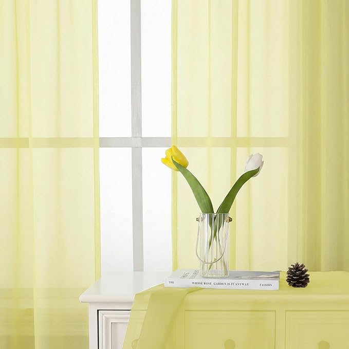 Lecloud Goose Yellow Sheer Curtains 90 Inches Long 2 Panels, Voile Rod Pocket Light Filtering Window Curtains for Living Room Bedroom Dining Room, Airy Drapes for Balcony, Each Panel 42" W x 90" L