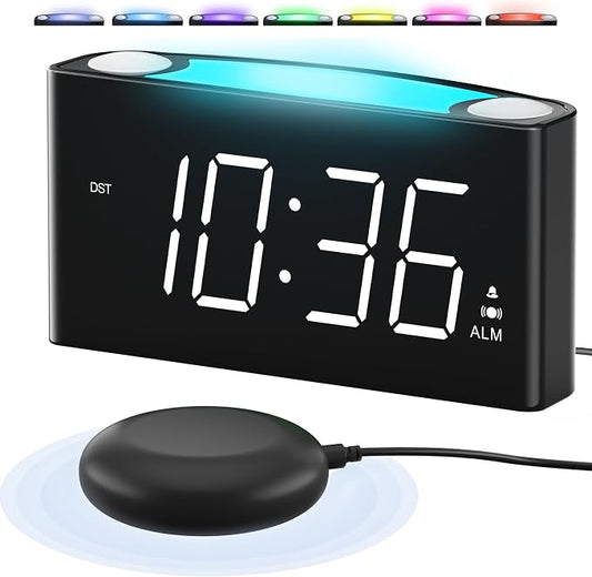 Vibrating Alarm Clock for Heavy Sleepers – Loud Alarm with Bed Shaker, 3 Wake Modes, Large 7.5” Display, 5-Level Dimmer, USB & Type-C Charging, Plug-in with Battery Backup for Bedroom, Teens & Deaf by PPLEE