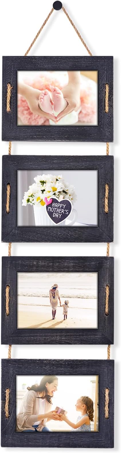 DLQuarts 5x7 Hanging Picture Frames Collage Wall Decor, 4-Opening, 3.5x5 With Mat or 5x7 Without Mat, Rustic Solid Wood Multi Picture Frames for Family, 1 Pack, Weathered Black